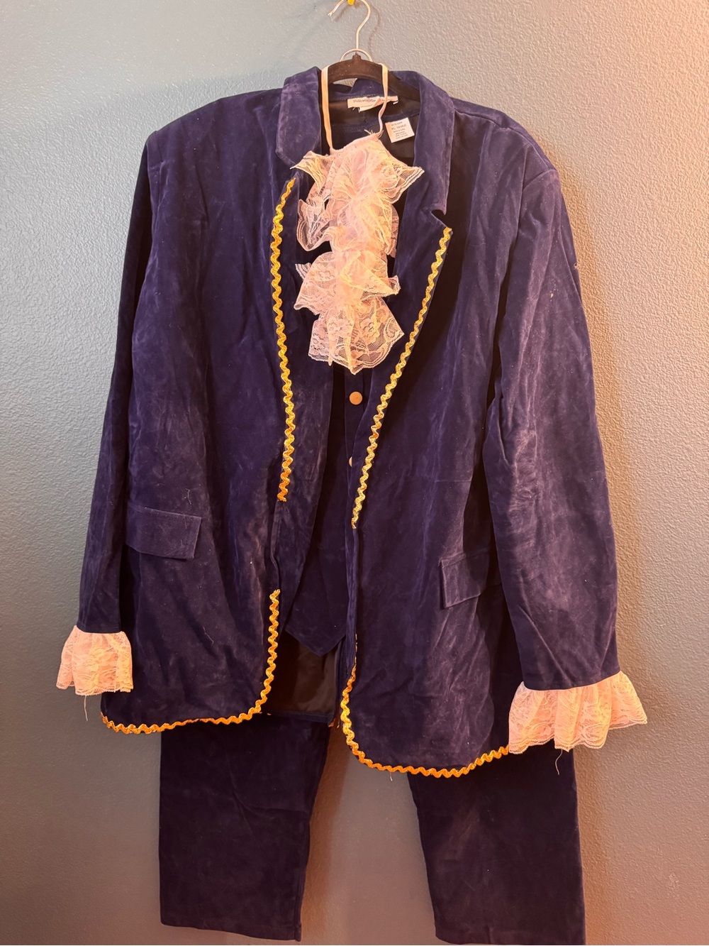 Vintage Men's Navy Velvet Suit Jacket and Pants with Lace Trim